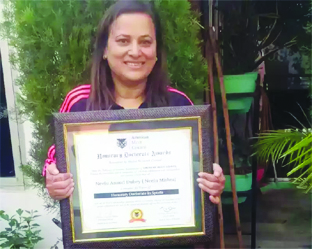 वाराणसी :  अंतरराष्ट्रीय एथलीट नीलू मिश्रा को अमेरिकन काउंसिल ने दी डाक्टरेट की उपाधि